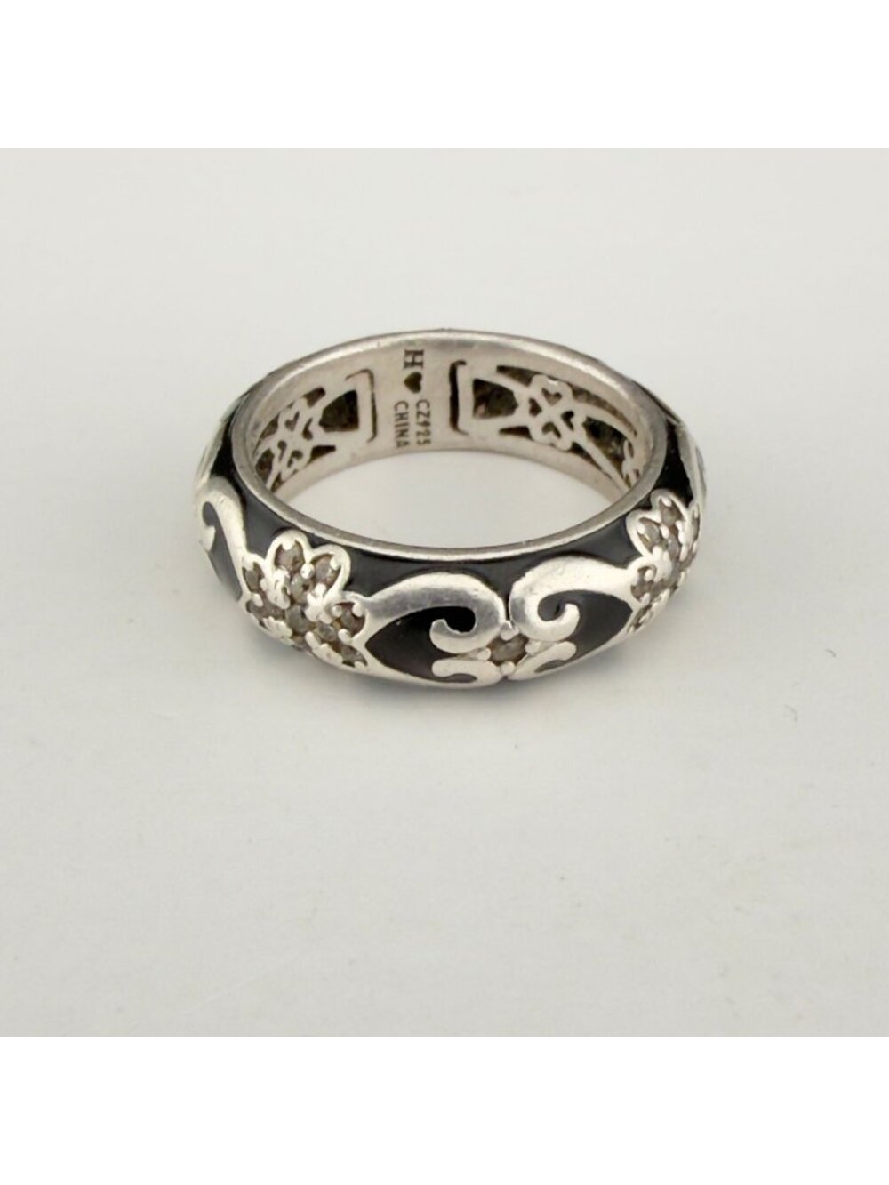 Hidalgo Sterling Silver Black Enamel CZ 925 Band Ring Size 7